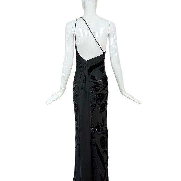 PAMELA DENNIS Vintage Black Silk Asymmetrical Evening Gown Maxi Dress Floral - Picture 6 of 10